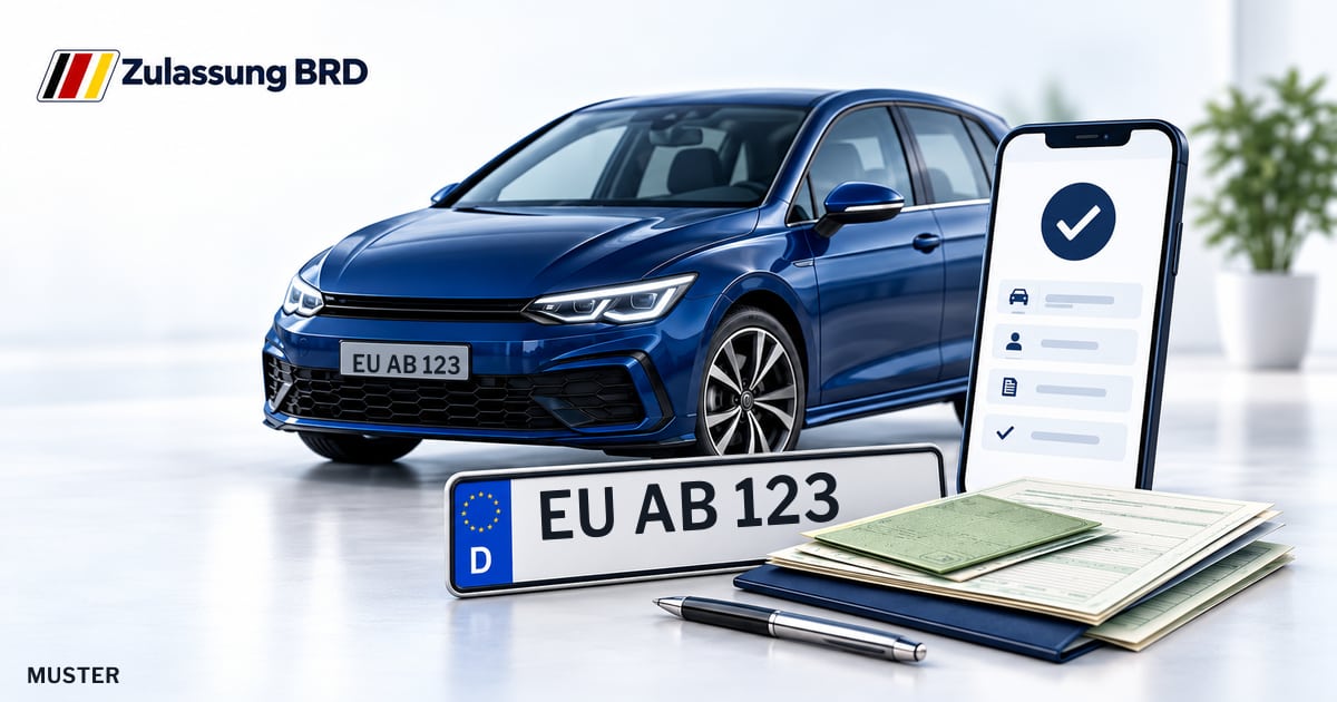 Online Fahrzeugzulassung in Euskirchen: Musterkennzeichen EU AB 123, Auto und Fahrzeugpapiere und Smartphone. Illustration mit Logo von Zulassung BRD.